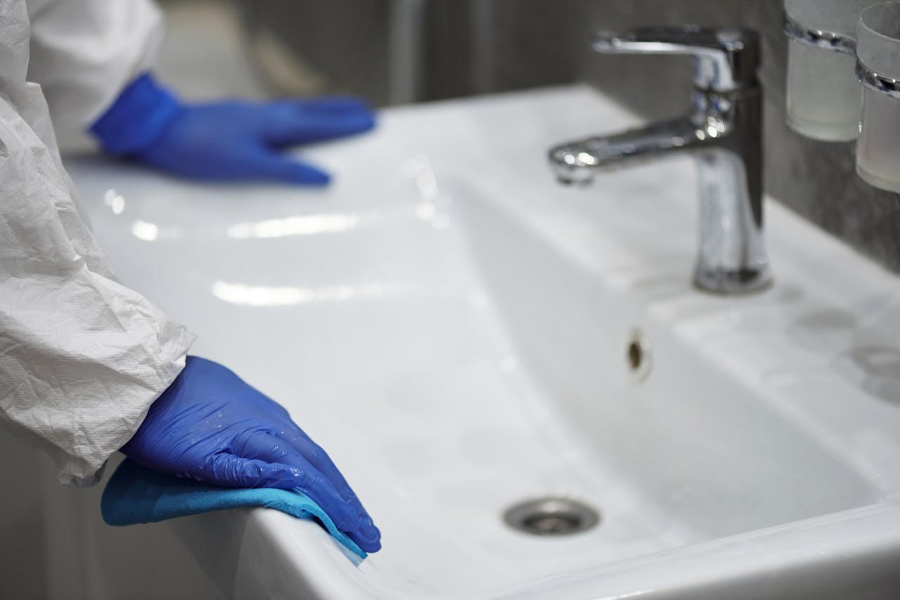 Person in Latex Gloves Cleaning Washbasin 